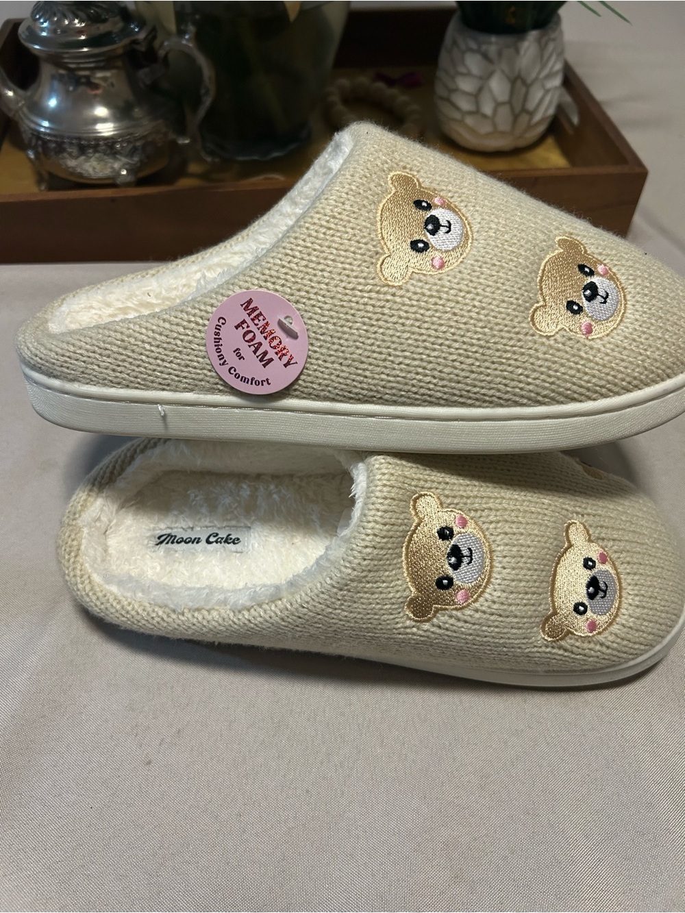 Women's Cream Bear Slip-On Memory Foam Slippers